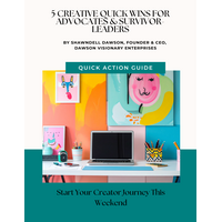 Wall of colorful art and a desk with laptop and pencil holder.