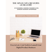 The Advocate Creator's Gear Guide with desk image that has a laptop, small plant, and eye glasses on the desk.